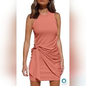  Casual Sleeveless Beach Tank Dress Bodycon Ruched Mini Dress peach color